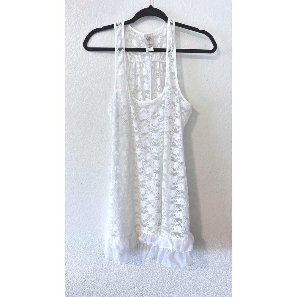 In Bloom by Jonquil White Floral Lace Feminine Racerback Chemise Nightgown SZ M